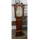 19TH CENTURY OAK LONG CASE CLOCK WITH PAINTED DIAL WITH FLORAL DECORATION.