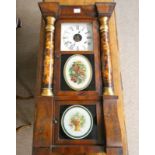 20TH CENTURY MAHOGANY CASED 8 DAY WEIGHTED WALL CLOCK WITH 2 DECORATIVE GLASS PANEL DOORS & ENAMEL