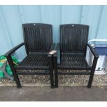 PAIR OF PAINTED WOODEN GARDEN ARMCHAIRS, 2 FOLDING ARMCHAIRS ETC.