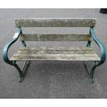 WOODEN GARDEN BENCH WITH PAINTED CAST METAL ENDS