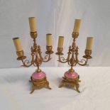 PAIR OF BRASS AND PORCELAIN CANDELABRA PAINTED DECORATION,