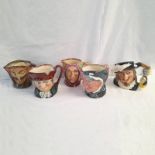 5 LARGE DOULTON TOBY JUGS ON 1/2 SHELF Condition Report: Royal doulton brown and