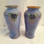2 BLUE ROYAL DOULTON VASES, WITH FLOWER AND FOLIAGE DECORATION MARKED L.P TO BASE, MONOGRAMMED M.B.
