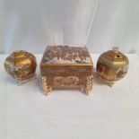 ORIENTAL SATSUMA LIDDED BOX & PAIR OF LIDDED VASES WITH ORIENTAL SCENE DECORATION,