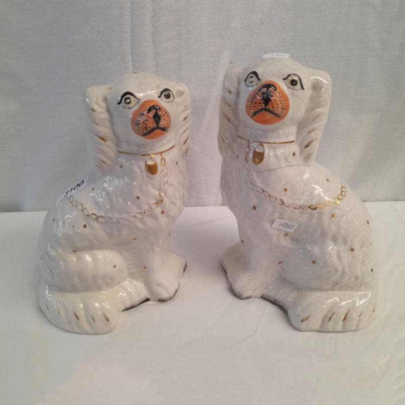 PAIR OF WHITE STAFFORDSHIRE DOGS,