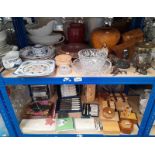 VARIOUS BRONZE ANIMALS & BIRDS, WOODEN BOWL SET WITH ONE SHILLINGS, QUIMPER WARE, CASED CUTLERY,