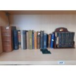 MINIATURE MAHOGANY BOOKCASE WITH VARIOUS VOLUMES BOOKS, VARIOUS LEATHER BOUND BOOKS,