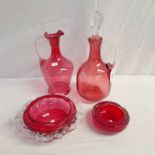 SELECTION OF RED AND CLEAR GLASSWARE TO INCLUDE DECANTER WITH STOPPER, WATER JUG ETC.