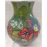 MOORCROFT GREEN GROUND VASE WITH ORCHID PATTERN, IMPRESSED AND SIGNED WITH PAPER LABEL TO BASE,
