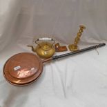 19TH CENTURY COPPER WARMING PAN, LATE 19TH CENTURY BRASS TODDY KETTLE,