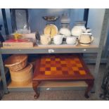 MAHOGANY CHESS BOARD TABLE ON SHAPED SUPPORTS, LARGE PICNIC HAMPER, VARIOUS CANDLES, PORCELAIN,