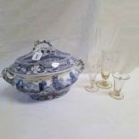 BLUE AND WHITE SPODE TUREEN WITH ENGLISH COUNTRYSIDE SCENE DECORATION.