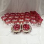 EARLY 20TH CENTURY SILVER PLATED HOLDER WITH 2 CRANBERRY GLASS JAM DISHES,