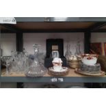 LARGE SELECTION CUT GLASS CRYSTAL WEDGWOOD AND OTHER PORCELAIN CUT GLASS DECANTERS,