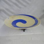 PORCELAIN BOWL DECORATED IN CREAM & BLUE ON ORIENTAL STAND.