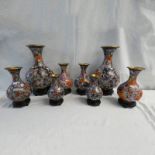 SET OF 8 CLOISONNE VASES OF VARIOUS SIZES, ON BASES,