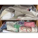 2 PLASTIC BOXES WITH CONTENTS OF VARIOUS FABRICS, COTTON BATTING,