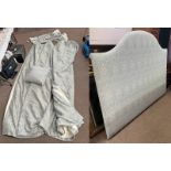 PAIR OF LIGHT BLUE AND WHITE CURTAINS ( 250CM LONG AND 250CM WIDE AT BOTTOM ) WITH MATCHING CUSHION,