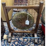 BRASS DINNER GONG ON WOODEN STAND WITH BEATER