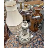 3 POTTERY TABLE LAMPS WITH SHADES,