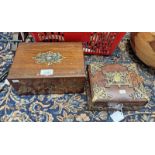 19TH CENTURY LEATHER BOUND JEWELLERY BOX WITH DECORATIVE BRASS MOUNTS ALONG WITH A MOTHER OF PEARL