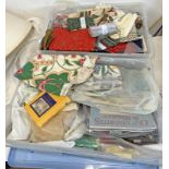 2 LARGE PLASTIC BOXES CONTAINING VARIOUS FABRIC CUT OFFS, BORDERS,