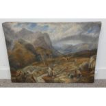 UNFRAMED OIL PAINTING OF HIGHLANDERS IN THE MOUNTAINS, UNSIGNED,