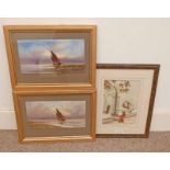2 FRAMED WATER COLOURS OF BOATS OFF THE SHORE LINE, INDISTINCTLY SIGNED, J.