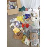 LARGE BOX CONTAINING VARIOUS FABRICS, PATTERNS, SEWING RELATED ITEMS,