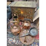 BRASS COAL BOX, COPPER KETTLE, COPPER & BRASS JUG,