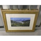 ANGUS EWART 'SNOW TOPPED MOUNTAINS' SINGED GILT FRAMED WATERCOLOUR 20 CM X 38 CM