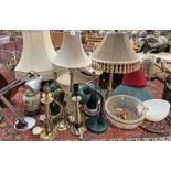 VARIOUS TABLE LAMPS WITH SHADES AND TWO METAL AND GLASS LIGHT FITTINGS