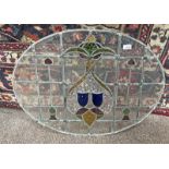 OVAL LEADED GLASS PANEL WITH COLOURED GLASS INSERTS 76CM ACROSS