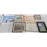 SELETION OF FRAMED WATER COLOURS, PRINTS ETC TO INCUDE ; L.M.