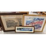 J LEWIS, ABSTRACT SCENE, FRAMED PRINT SIGNED, TOGETHER WITH FRED STOROMBE, SWANS IN POND, SIGNED,