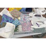 PLASTIC BOX CONTAINING VARIOUS FABRIC TO INCLUDE SEVERAL BY LIBERTY, LONDON,