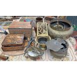 WOOD SERVING TRAYS, INLAID BOX, BRASS JARDINIER, COPPER JUG ETC.