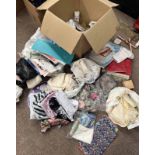 LARGE BOX WITH CONTENTS OF VARIOUS FABRIC, LACE, PATTERNS, PAPER PADS,