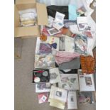 2 BOXES CONTAINING VARIOUS FABRICS, PATTERNS, SCISSORS, CELTIC COVERS,