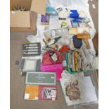 LARGE BOX CONTAINING VARIOUS LACE, FABRICS, PATTERNS, PINS, SEWING RELATED ITEMS, THREAD TEMPLATES,