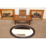 MAHOGANY FOLDING ART TABLE TOGETHER WITH 2 FRAMED PRINTS OF FRUIT AND OVAL WALL MIRROR.