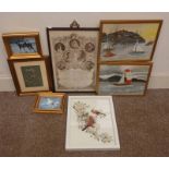 SELECTION OF WATERCOLOURS, EMBROIDERY ETC. TO INCLUDE ; E.H.