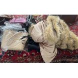 SELECTION OF HAND BAGS, FAUX FUR BLANKETS ETC.