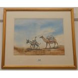 MIDDLE EASTERN GENTLEMAN ON DONKEY 'GUIDING A CAMEL' FRAMED WATERCOLOUR UNSIGNED 33.