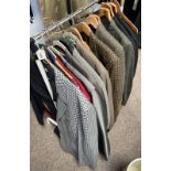 15 COAT HANGERS WITH SUITS, JACKETS, WAIST COATS ETC.