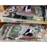 2 PLASTIC BOXES WITH CONTENTS OF VARIOUS FABRICS, PATTERNS, VARIOUS SIZED CUTS,