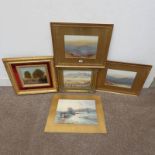 SELECTION OF WATER COLOURS AND OIL PAINTING TO INCLUDE ; 'HORSES BY STREAM', INDISTINCLY SIGNED,