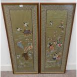 2 FRAMED ORIENTAL EMBROIDERIES DEPICTING BIRDS & FIGURES IN A GARDEN,