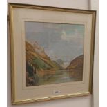 LEOPOLD HERTIC SOUREK LAKE LOUISE - CANADA SIGNED FRAMED WATERCOLOUR 33 X 34 CM