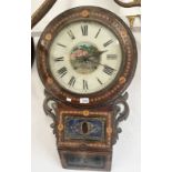 INLAID MAHOGANY WALL CLOCK WITH PAINTED GLASS INSERTS